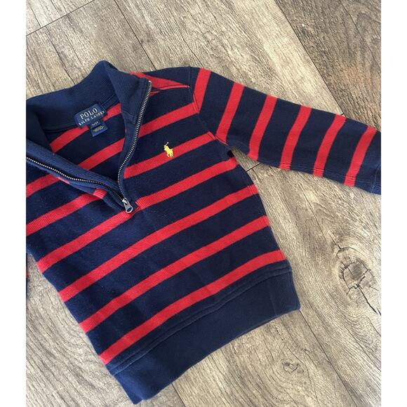 Polo Ralph Lauren Boys 3T Half Zip Cotton Knit Pullover Sweater Navy Red Striped - Picture 6 of 9